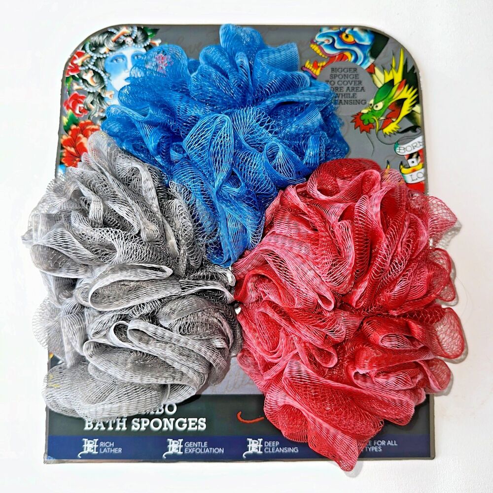 Ed Hardy 3 Piece‎ Jumbo Bath Sponges Shower Loofah Adult New